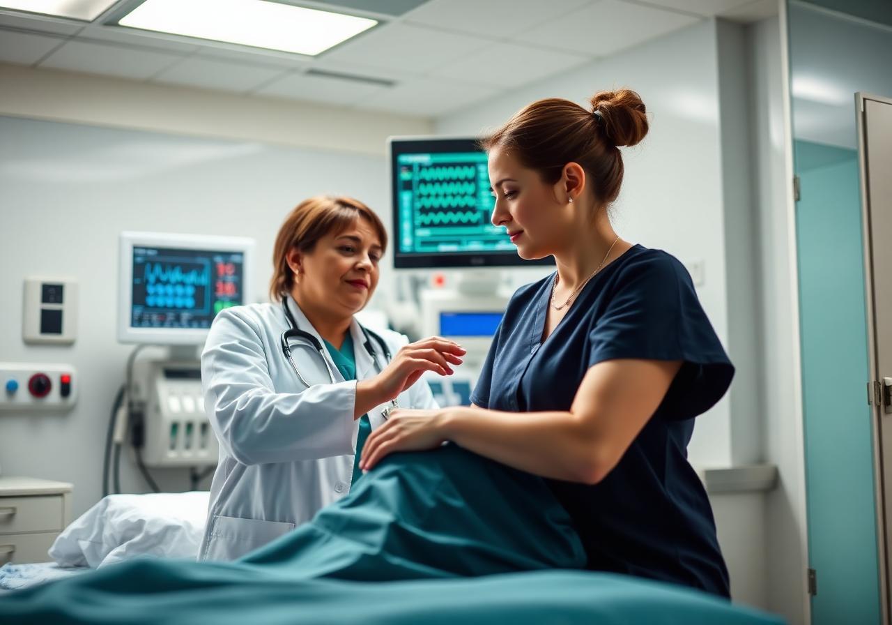 Médica avaliando paciente estável em UTI com monitor ao fundo