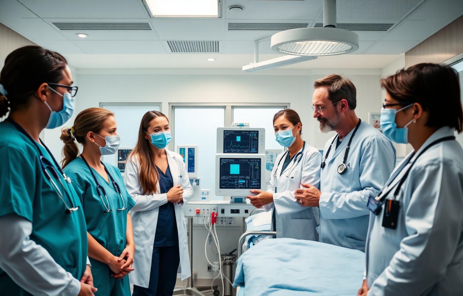 Equipe multiprofissional em uma UTI moderna analisando um monitor de paciente